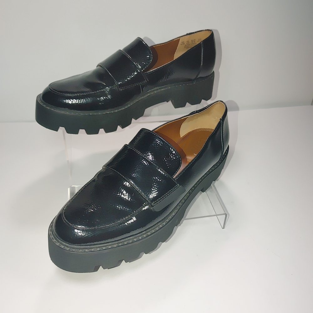Franco Sarto Womens 8.5 Brindy Platform Loafer Black Faux Patent Chunky Lug Sole